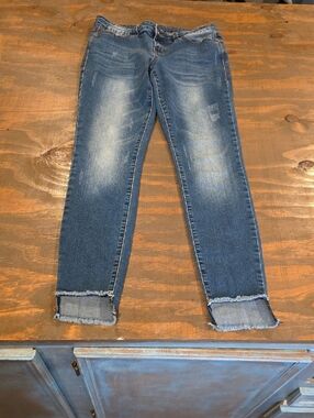 Revolution Dark Blue Ankle Skinny Jeans with Frayed Cuffs